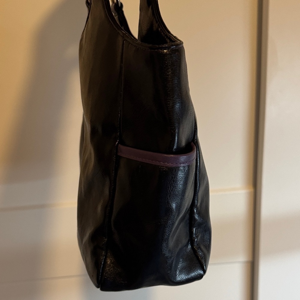 Black Faux Leather Letter K Shoulder Bag with Purple Accent and Silver Hardware - Picture 6 of 10